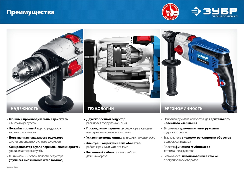 ЗУБР  850 Вт, 13 мм, 2 скорости, ударная дрель, мет. корпус, Профессионал (ДУ-П850 ЭРМ) ДУ-П850-2 ЭРМ