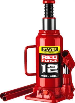 STAYER  RED FORCE, 12 т, 230 - 465 мм, бутылочный гидравлический домкрат, Professional (43160-12) 43160-12_z01