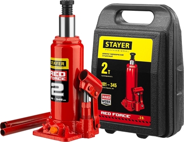 STAYER  RED FORCE, в кейсе, 2 т, 181 - 345 мм, бутылочный гидравлический домкрат, Professional (43160-2-K) 43160-2-K_z01