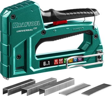 KRAFTOOL  Universal-HD, 6-в-1: 53 (A/10/JT21) 23GA (6 - 14 мм)/140 (G/11/57) 20GA (8 - 14 мм)/13/53F/300/500, универсальный алюминиевый степлер (3188) 3188