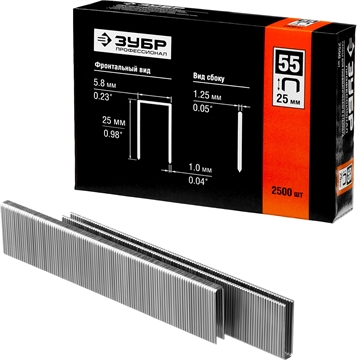 ЗУБР  тип 18GA (55/90/C) 25 мм, 2500 шт, скобы для степлера, Профессионал (31855-25) 31855-25