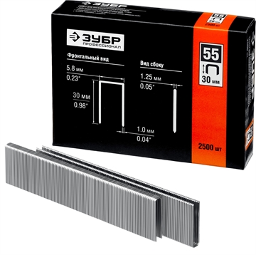 ЗУБР  тип 18GA (55/90/C) 30 мм, 2500 шт, скобы для степлера, Профессионал (31855-30) 31855-30