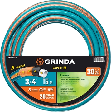 GRINDA  EXPERT 5, 3/4″, 15 м, 30 атм, пятислойный, плетёное армирование, поливочный шланг, PROLine (429007-3/4-15) 429007-3/4-15