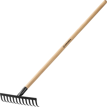 GRINDA  GT-12 WOOD, 310 х 80 х 1300 мм, 12 прямых зубцов, углерод. сталь, антикор. покрытие, черенок дерев. высш. сорт, садовые грабли (39583-12) 39583-12