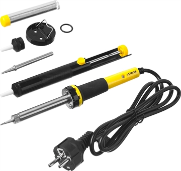 STAYER  PROTerm, 60Вт, 2к рукоятка, конус, подставка+припой+сменн жало+оловоотсос+сменн насадка, набор для паяльных работ, Professional (55313-60-H6) 55313-60-H6