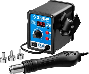 ЗУБР  ПСТ-650, 650 Вт, 100 - 500°C,120 л/мин, 3 насадки, керамический нагреватель, цифровая термовоздушная паяльная станция, Профессионал (55350) 55350