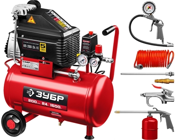 ЗУБР   200 л/мин, 24 л, 1500 Вт, 6 предметов, безмасляный компрессор (КП-200-24 Н6) КП-200-24 Н6