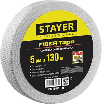 STAYER  FIBER-Tape, 5 см х 130 м, 3 х 3 мм, самоклеящаяся серпянка, Professional (1246-05-130) 1246-05-130_z01