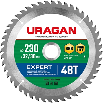 URAGAN  Expert, 230 х 32/30 мм, 48Т, пильный диск по дереву (36802-230-32-48) 36802-230-32-48_z01