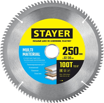 STAYER  Multi Material, 250 х 32/30 мм, 100Т, супер чистый рез, пильный диск по алюминию и пластику (3685-250-32-100) 3685-250-32-100