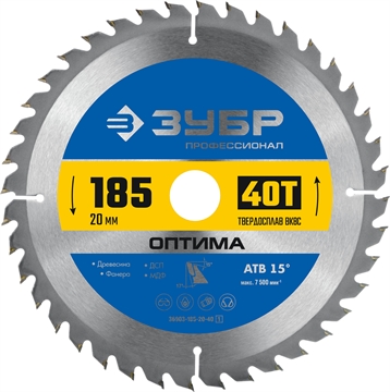 ЗУБР  Оптима, 185 x 20 мм, 40Т, пильный диск по дереву, Профессионал (36903-185-20-40) 36903-185-20-40_z01