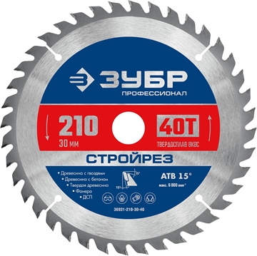 ЗУБР  Стройрез, 210 х 30 мм, 40Т, пильный диск по строительной древесине, Профессионал (36931-210-30-40) 36931-210-30-40