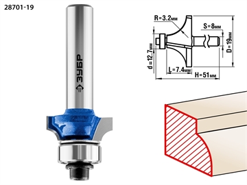 ЗУБР  19.0 x 7.4 мм, радиус 3.2 мм, фреза кромочная калевочная №1, Профессионал (28701-19) 28701-19