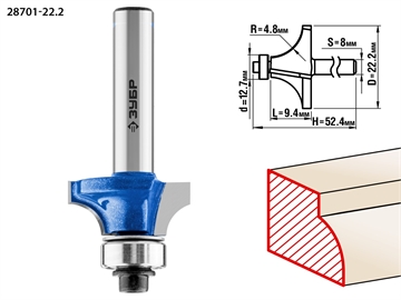 ЗУБР  22.2 x 9.4 мм, радиус 4.8 мм, фреза кромочная калевочная №1, Профессионал (28701-22.2) 28701-22.2