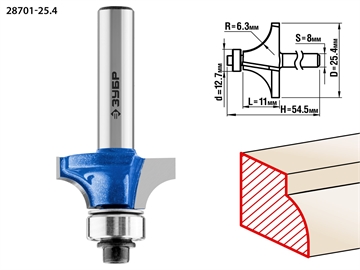 ЗУБР  25.4 x 11 мм, радиус 6.3 мм, фреза кромочная калевочная №1, Профессионал (28701-25.4) 28701-25.4