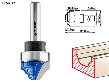 ЗУБР  22 x 13 мм, радиус 3.2 мм, фреза пазовая фасонная с верхним подшипником, Профессионал (28747-22) 28747-22
