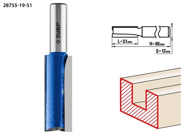 ЗУБР  19 x 51 мм, хвостовик 12 мм, фреза пазовая прямая с нижними подрезателями, Профессионал (28755-19-51) 28755-19-51