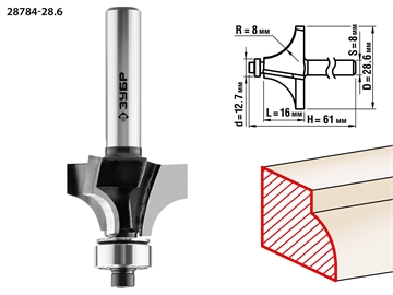 ЗУБР  28.6 x 16 мм, радиус 8 мм, фреза кромочная калевочная №1, Профессионал (28784-28.6) 28784-28.6