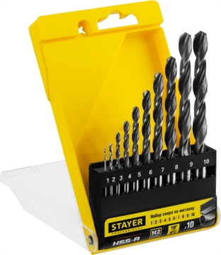 STAYER  HSS-R, 10 шт, (1-10 мм), быстрорежущая сталь P6M5, класс В, набор сверл по металлу, Professional (29602-H10) 29602-H10_z01