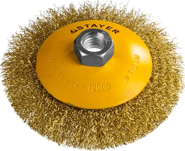 STAYER  115 мм, витая стальная латунированная проволока 0.3 мм, коническая щетка-крацовка для УШМ, Professional (35133-115) 35133-115