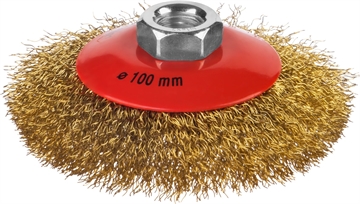 MIRAX  100 мм, витая стальная латунированная проволока 0.3 мм, коническая щетка-крацовка для УШМ (35143-100) 35143-100