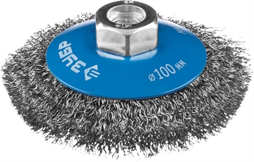 ЗУБР  100 мм, витая стальная латунированная проволока 0.3 мм, коническая щетка-крацовка для УШМ, Профессионал (35265-100) 35265-100_z02