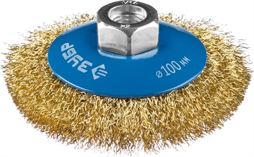 ЗУБР  100 мм, витая стальная латунированная проволока 0.3 мм, коническая щетка-крацовка для УШМ, Профессионал (35267-100) 35267-100_z02