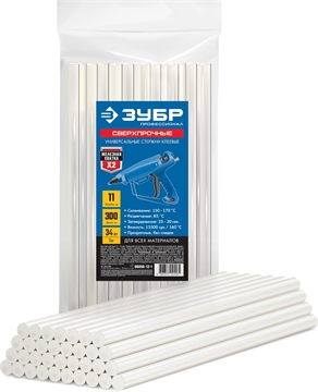 ЗУБР  11 х 300 мм, 34 шт, сверхпрочные прозрачные клеевые стержни, Профессионал (06856-12-1) 06856-12-1
