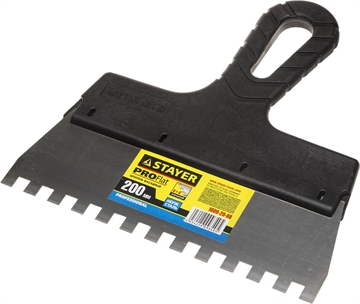 STAYER  PROFlat, 200 мм, зуб 8 х 8 мм, пластиковая ручка, зубчатый, нержавеющий, фасадный шпатель, Professional (1009-20-08) 1009-20-08