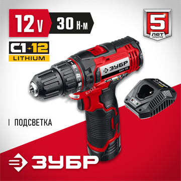ЗУБР  С1-12, 12 В, 30 Н·м, 1 АКБ (2 А·ч), дрель-шуруповерт (ДШЛ-125-21) ДШЛ-125-21