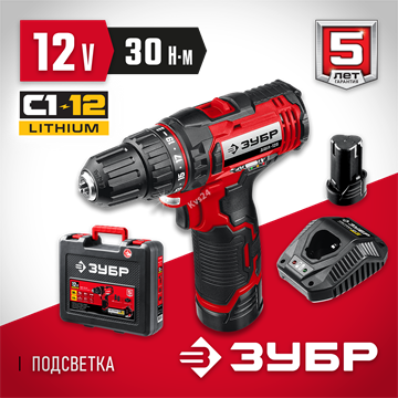 ЗУБР  С1-12, 12 В, 30 Н·м, 2 АКБ (2 А·ч), дрель-шуруповерт, кейс (ДШЛ-125-22) ДШЛ-125-22